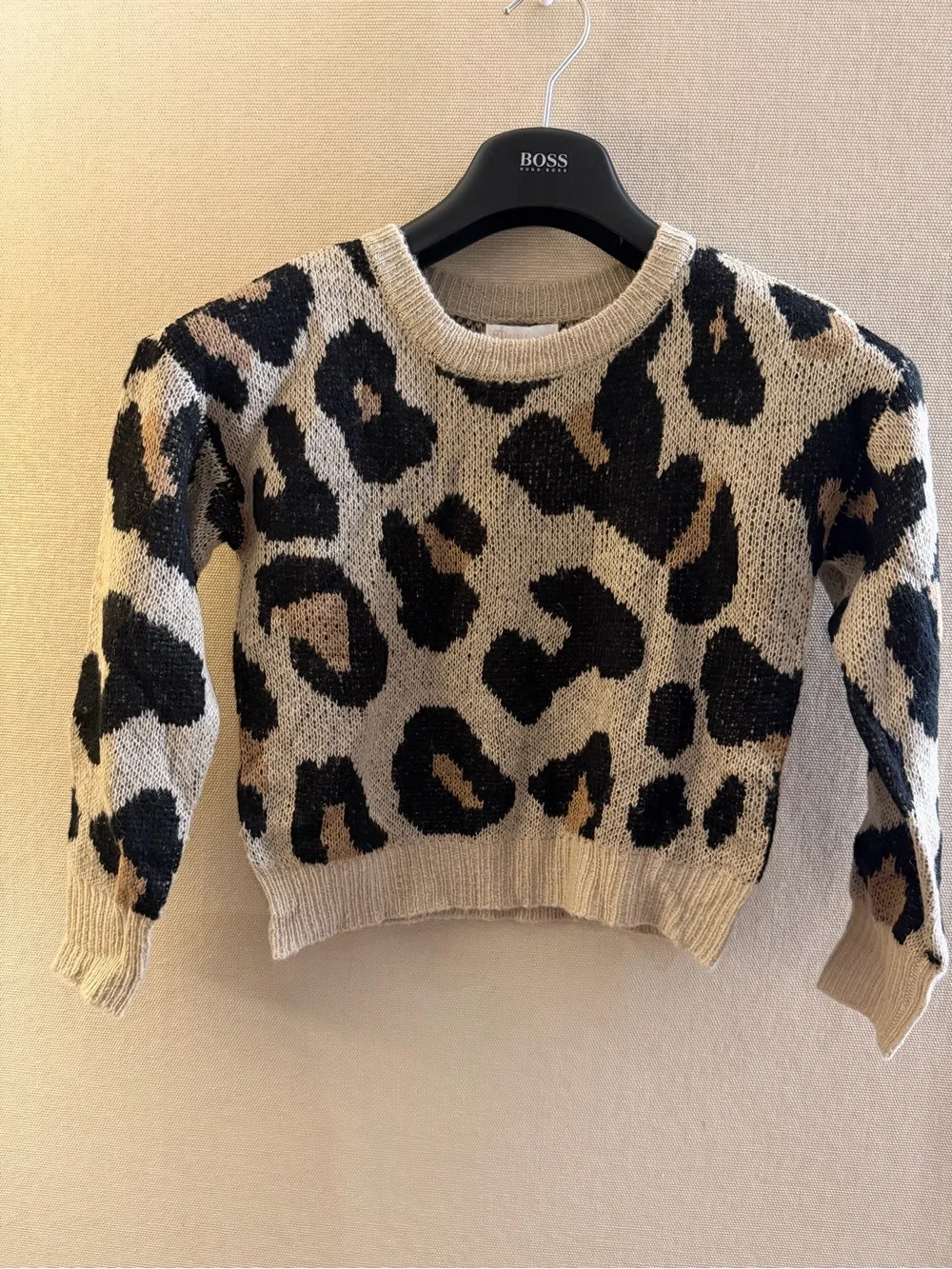 GB girls Leopard-Print Crewneck Sweater in Beige and Black